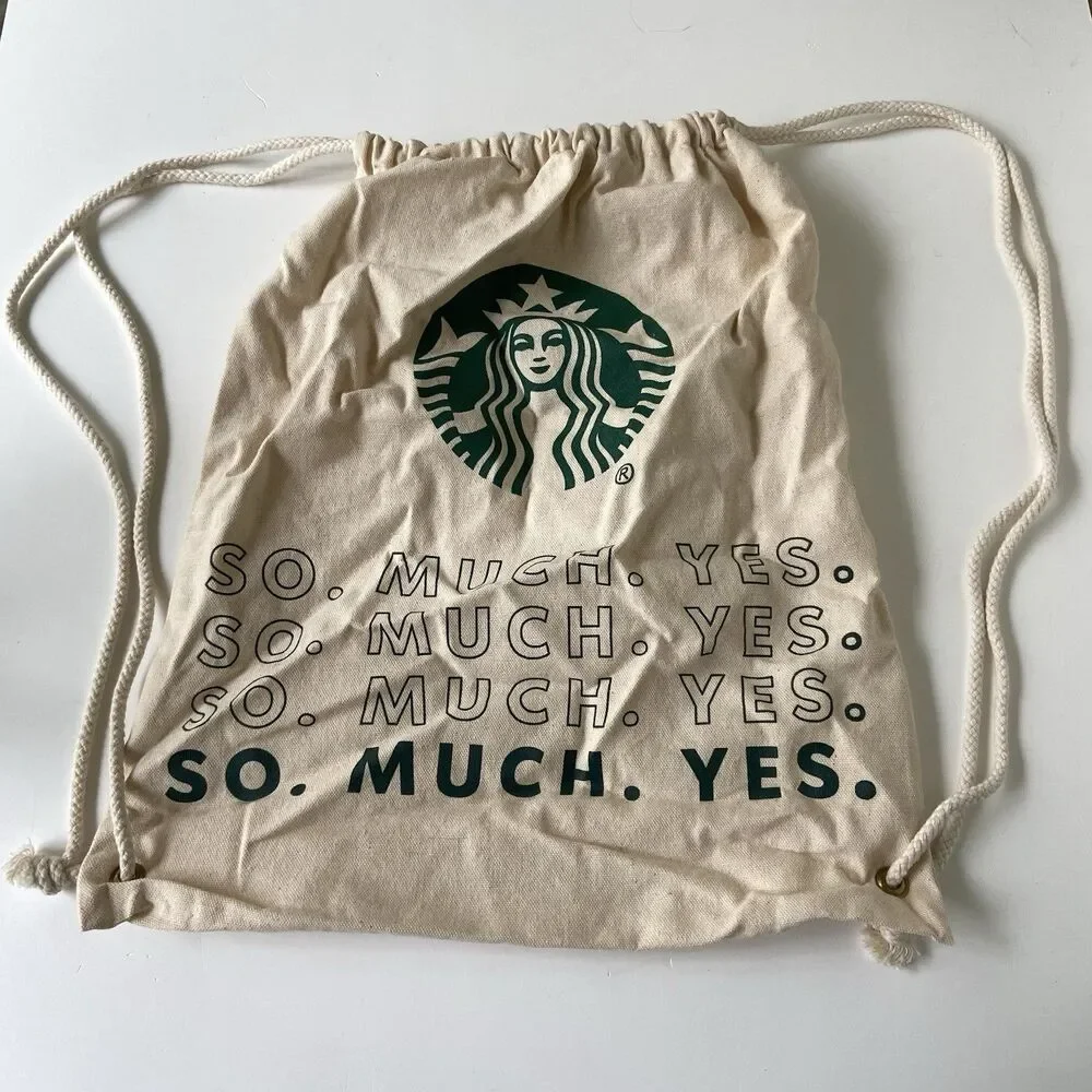 Starbucks Drawstring Backpack Siren Logo Bag Beige & Green “So. Much. Yes.”